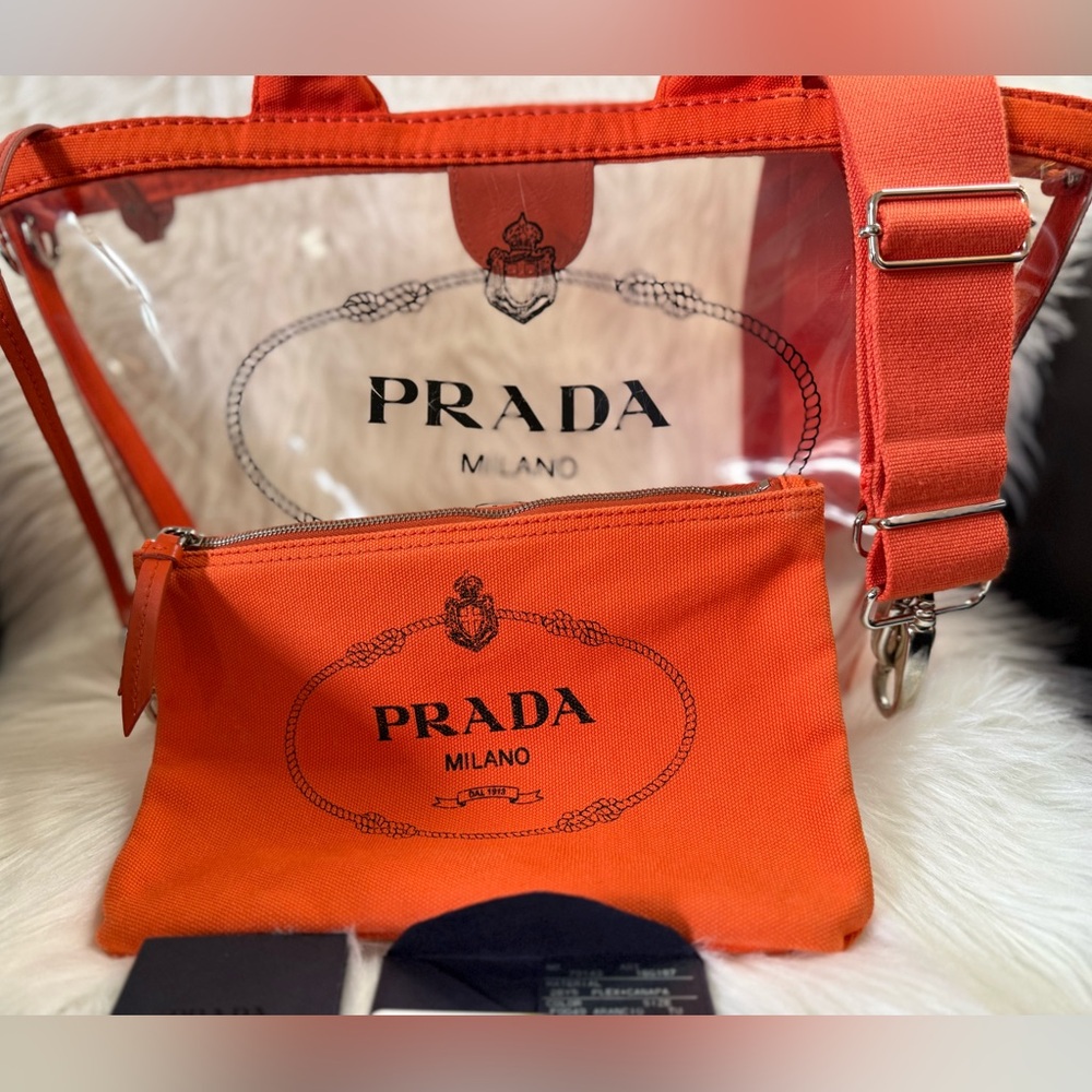 Authentic Preloved PRADA Logo Plexi Clear Crossbody Canapa Tote-Orange Canvas